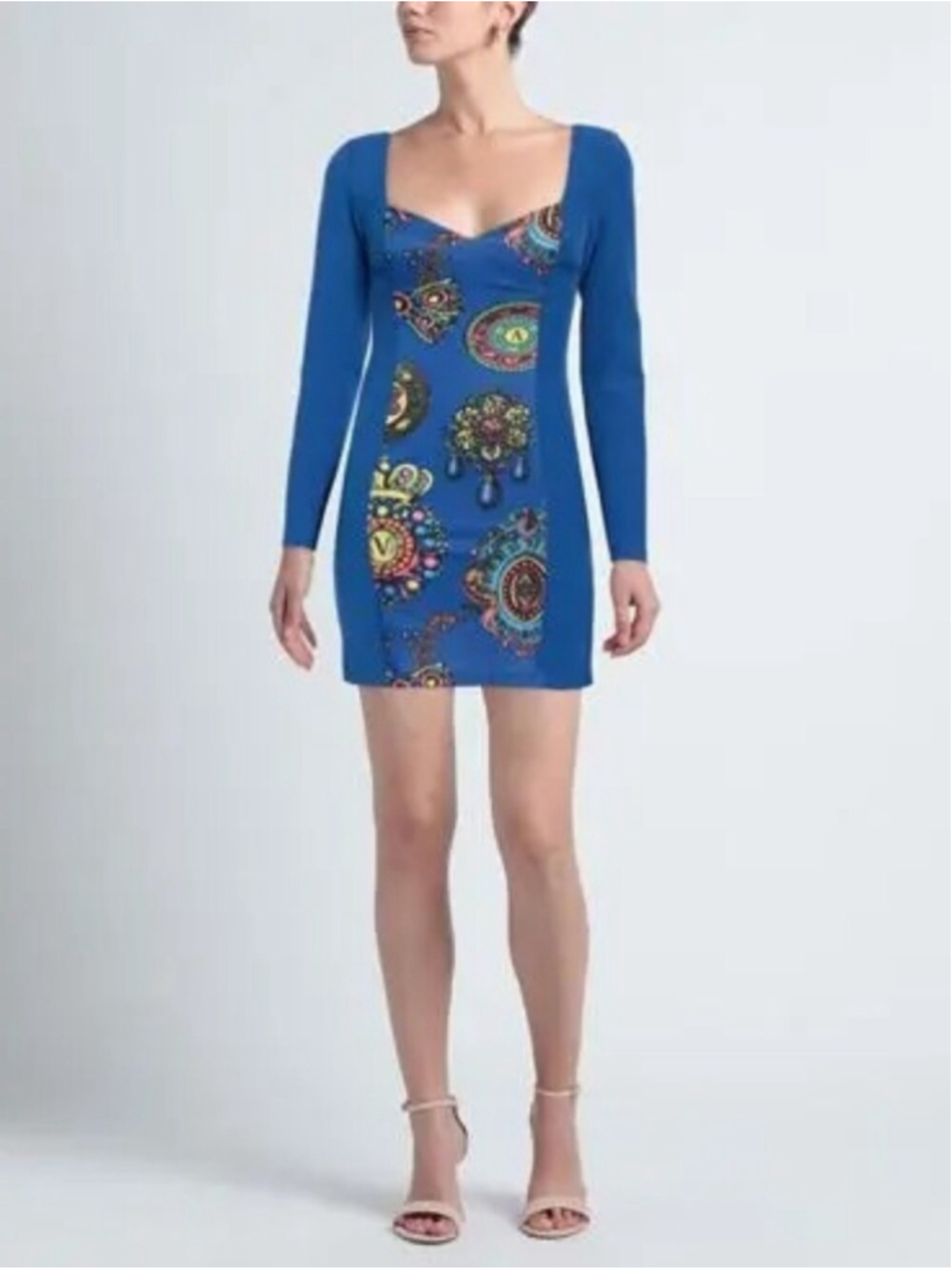 Blue Long-Sleeve Square-Neck Mini Dress with Colorful Paisley Print